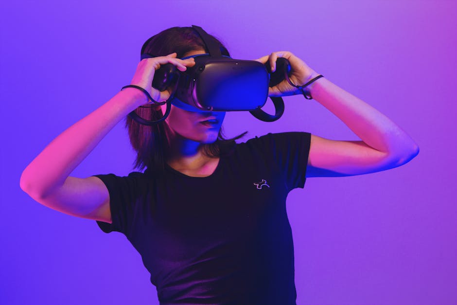 Woman wearing virtual reality headset immersed in a vibrant neon-lit gaming experience