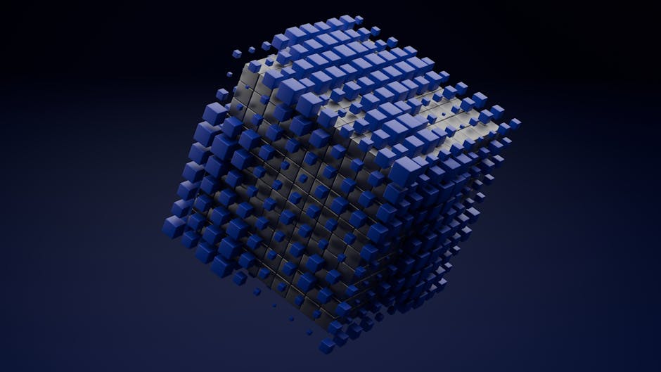 3D abstract cube made of blue blocks floating on a dark background